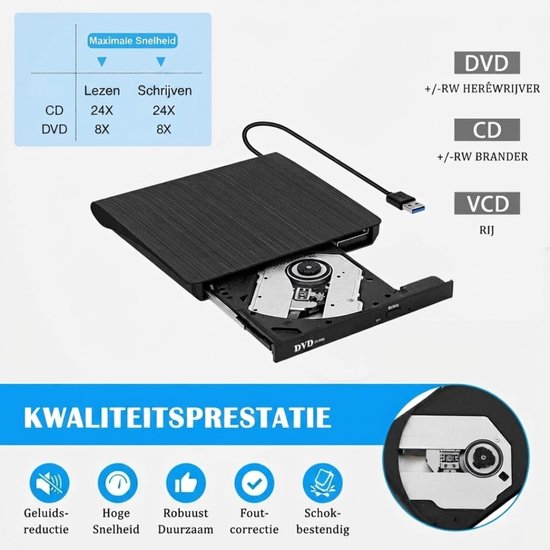JCP® Dvd Speler - Dvd Speler voor Laptop - Externe Dvd Speler voor Laptop - Zwart - 14cm x 14cm x 2cm — afbeelding 2