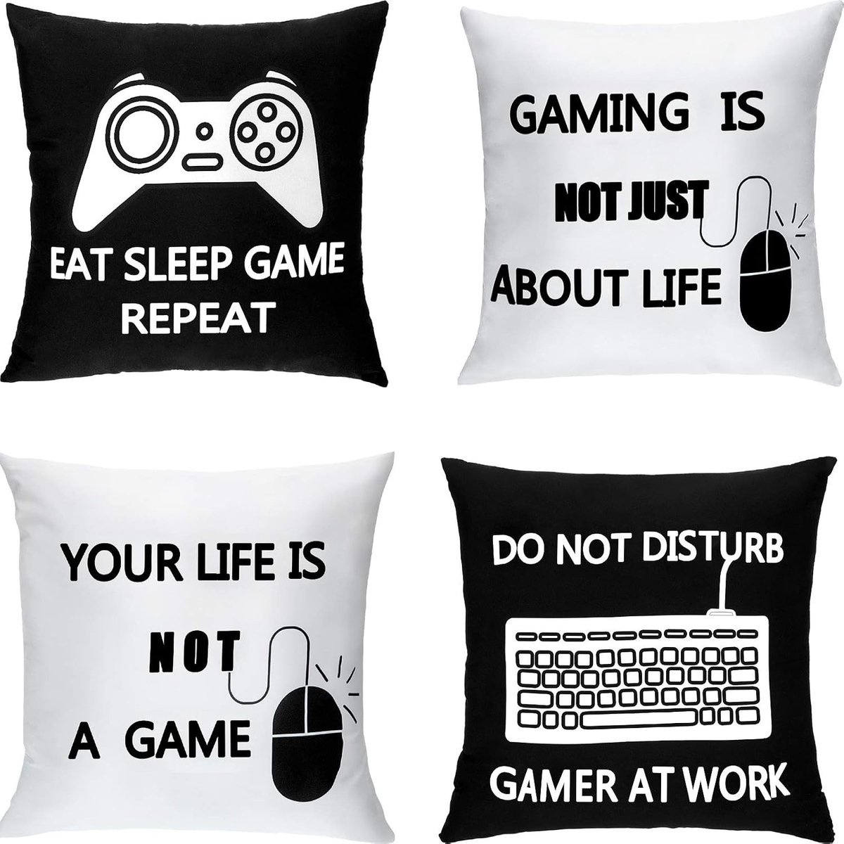 Set van 4 Kussenslopen voor Gamers - Leuk Cadeau voor Videogame Feestjes en Slaapkamers - Zwart en Wit, 16"x16