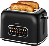 Zwarte Olvy broodrooster met twee sneetjes geroosterd brood, LCD-display en zilverkleurige accenten.