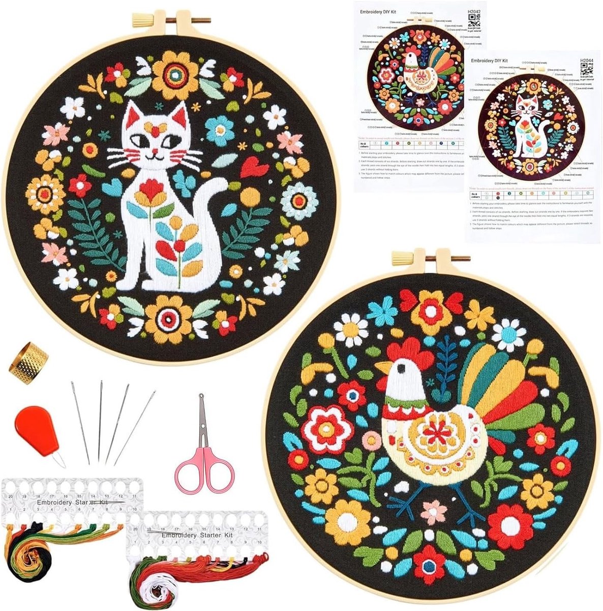 Uitgebreide Videohandleiding voor Dier Stick Sets, Bloem en Kat Borduurpakketten, DIY Borduur Kits voor Beginners en Volwassenen, Inclusief Kruissteek Kits