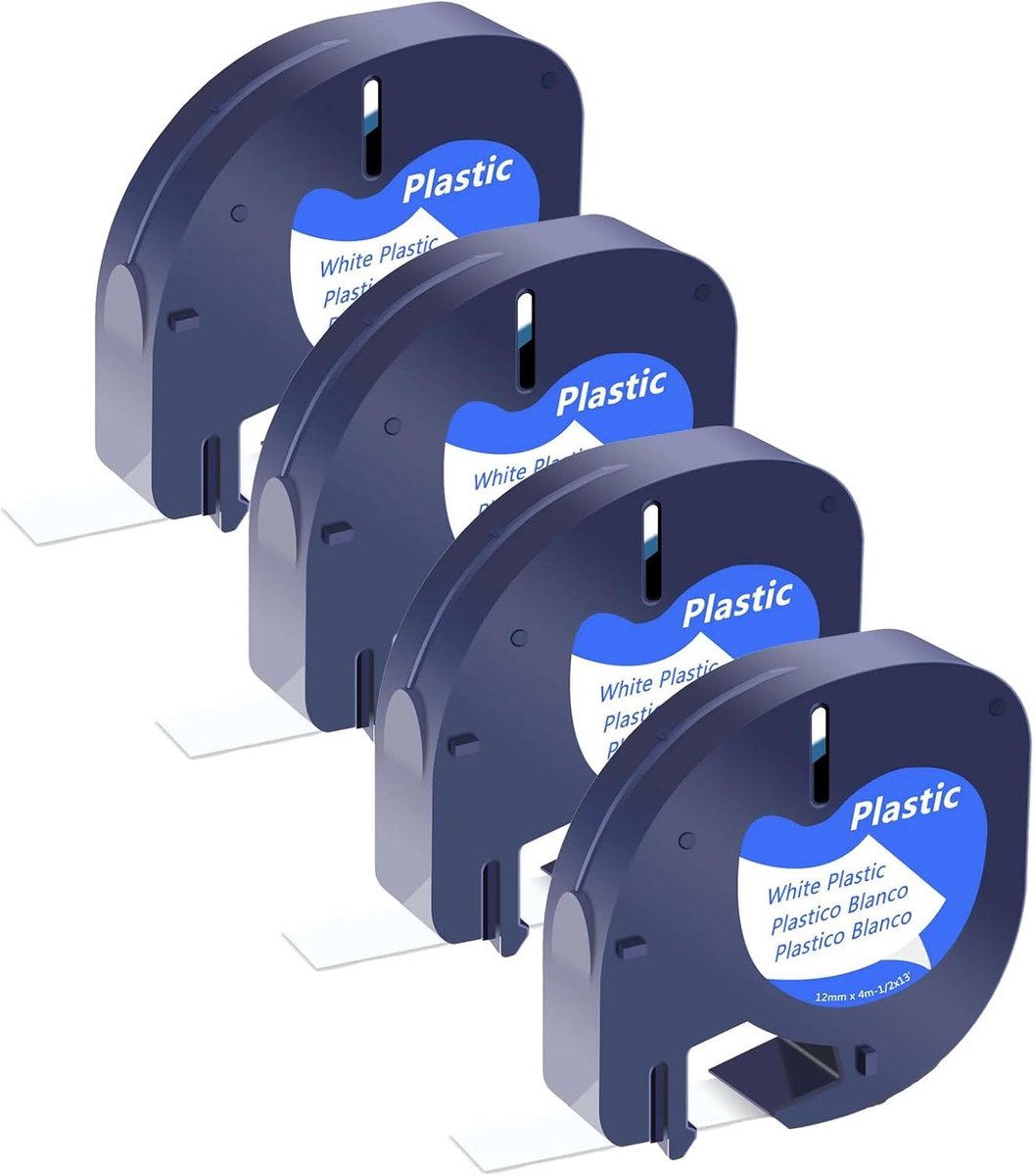 SnelShoppen - 4 Stuks Etiketten Tape 12mm x 4m, Zwart op Wit, Geschikt voor Dymo LetraTag Labelprinters, Creatief Labelen Thuis en Kantoor