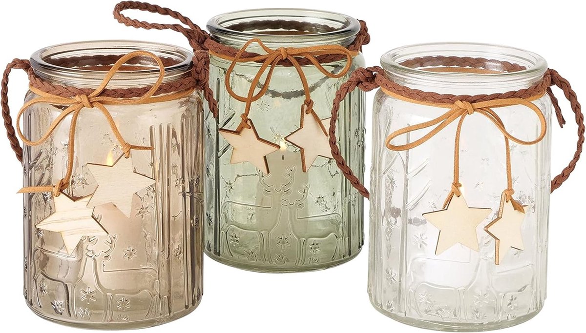SnelShoppen - Set van 3 Ronde Lantaarns 9,5 cm - Glazen Theelichthouders in Transparant, Groen en Bruin - Tafeldecoratie voor Woonkamer en Keuken