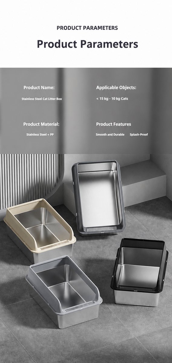GYW Steel Litter Box- Kattenbak - Roestvrijstalen Bak - Spatbescherming - Anti-Slip Pads