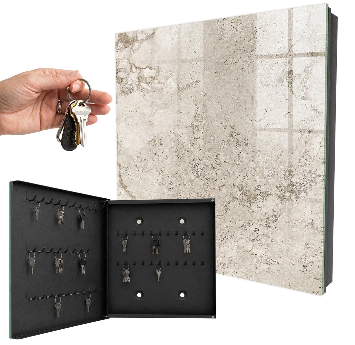 WallMuralia - Sleutelkast - 30x30x5 cm - met 50 haken - Beige Textuur Sleutelkastje Binnen - Beige Sleutelbox - Linksopenend - Zwart interieur