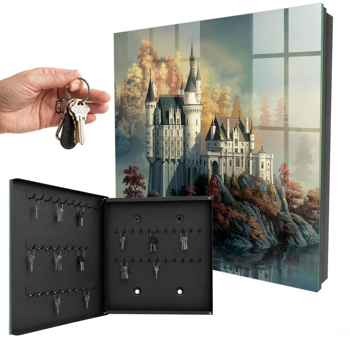 WallMuralia - Sleutelkast - 30x30x5 cm - met 50 haken - Kasteel In De Herfst Leuk Sleutelkastje - Grijs Sleutelbox - Linksopenend - Zwart interieur