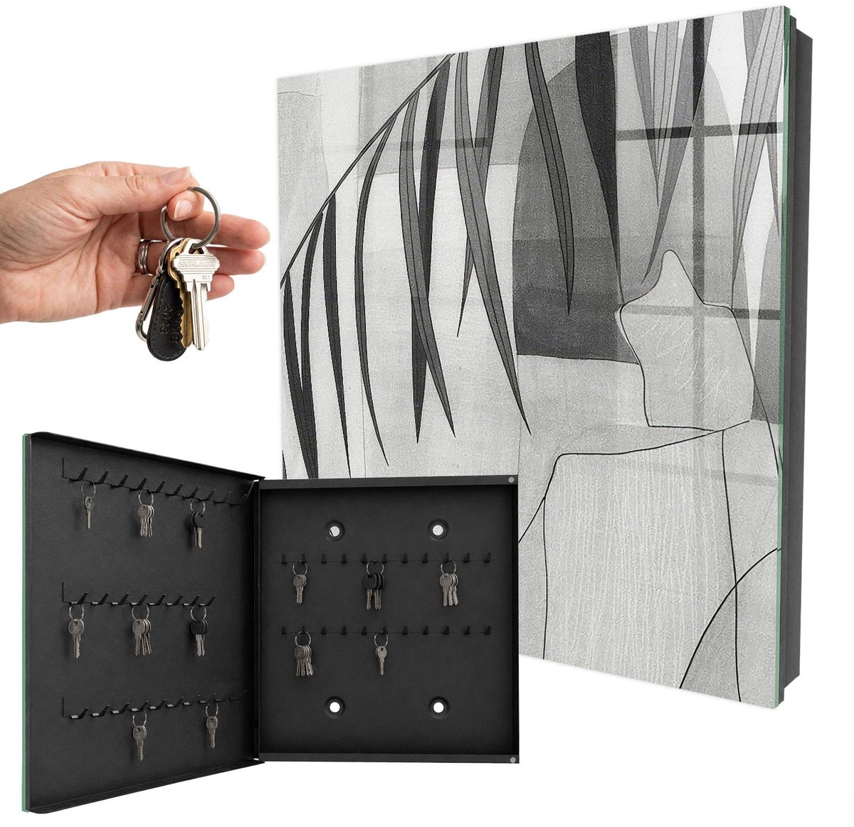 WallMuralia - Sleutelkast - 30x30x5 cm - met 50 haken - Grijze Bladeren Leuk Sleutelkastje - Zwart Sleutelbox - Linksopenend - Zwart interieur