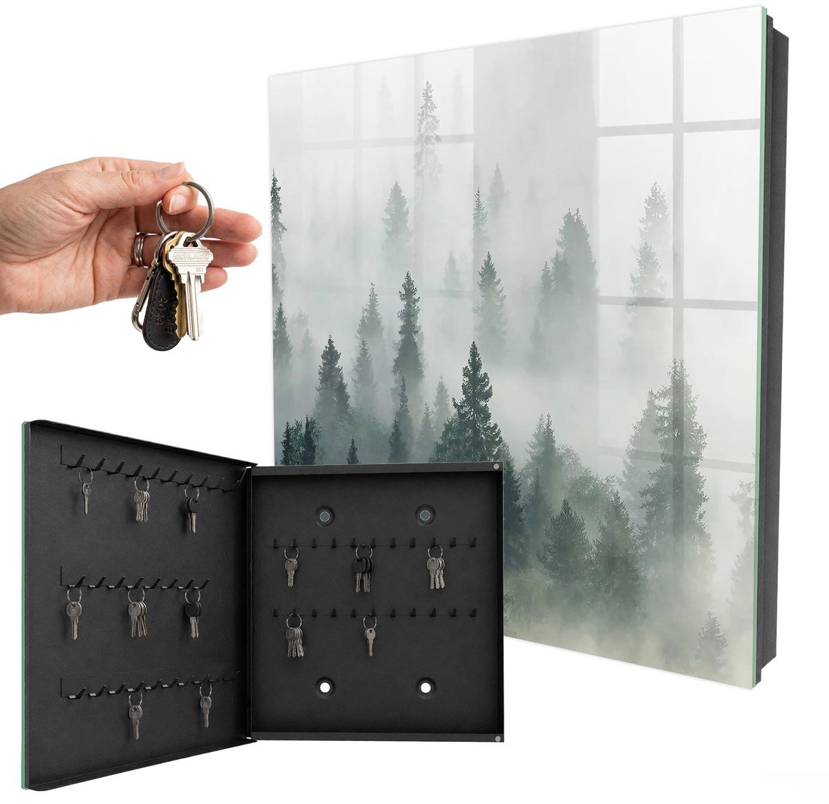 WallMuralia - Sleutelkast - 30x30x5 cm - met 50 haken - Nevelbos Sleutelkastje Landelijk - Groente Sleutelbox - Linksopenend - Zwart interieur