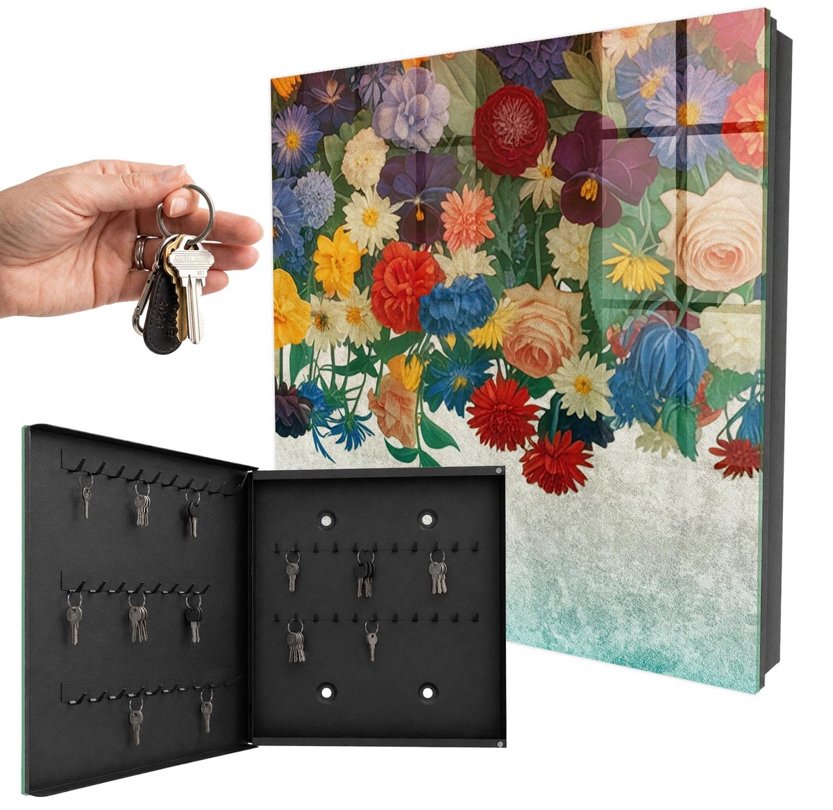 WallMuralia - Sleutelkast - 30x30x5 cm - met 50 haken - Bloemenparadijs Sleutelkastje Gang - Groente Sleutelbox - Linksopenend - Zwart interieur
