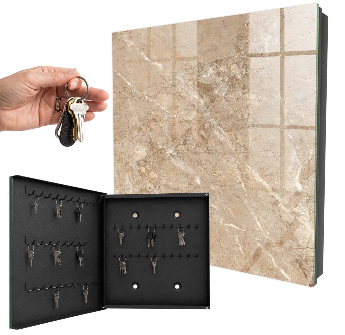 WallMuralia - Sleutelkast - 30x30x5 cm - met 50 haken - Marmerpatroon Sleutelkastje Klein - Beige Sleutelbox - Linksopenend - Zwart interieur