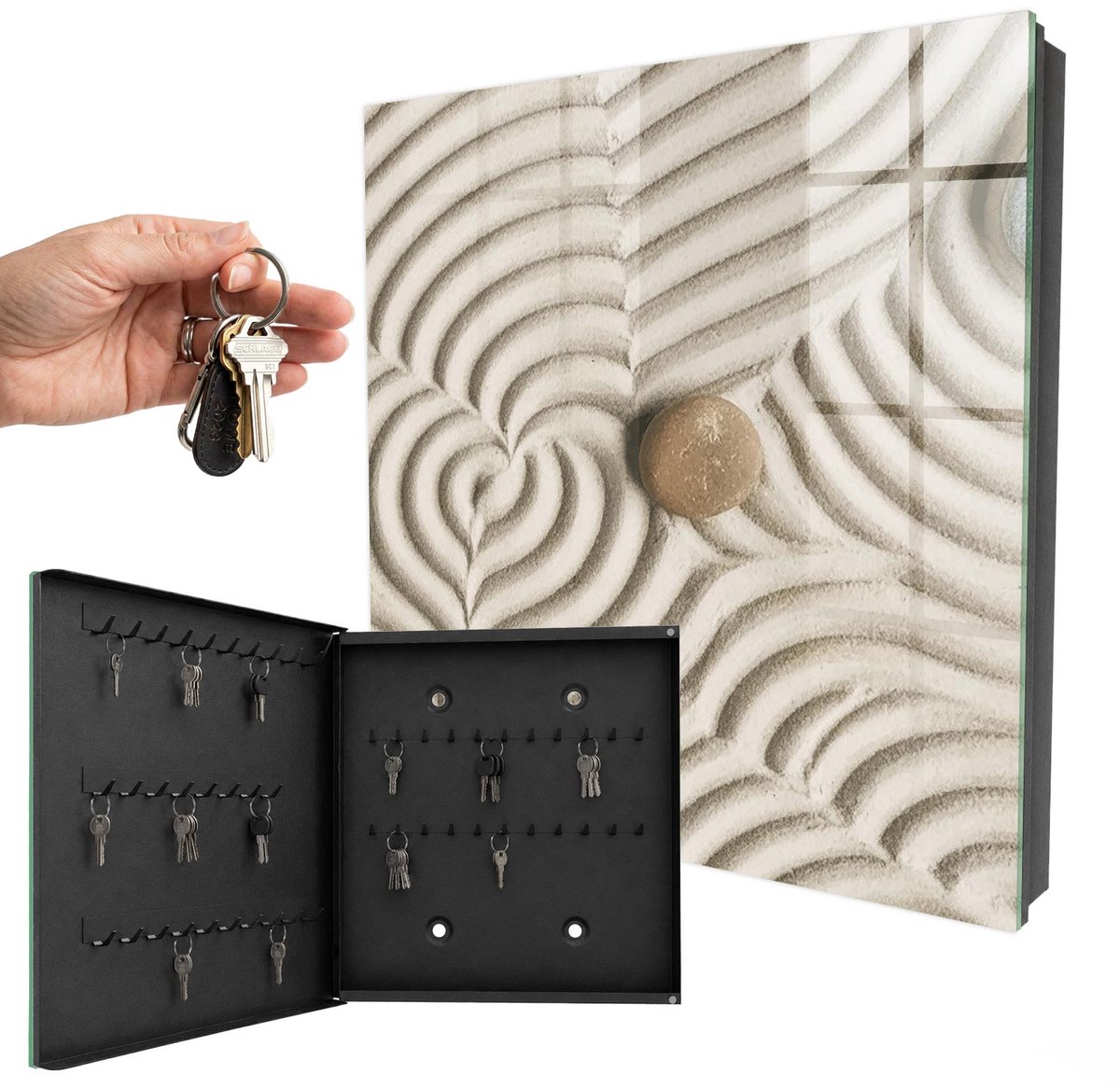 WallMuralia - Sleutelkast - 30x30x5 cm - met 50 haken - Zen-Compositie Sleutelkastje Hal - Romig Sleutelbox - Linksopenend - Zwart interieur