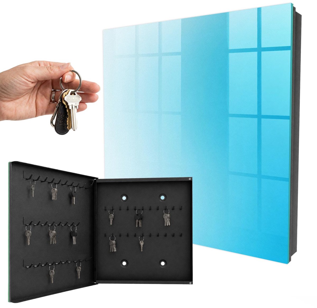 WallMuralia - Sleutelkast - 30x30x5 cm - met 50 haken - Blauwe Gradiënt Sleutelkastje Hal - Blauw Sleutelbox - Linksopenend - Zwart interieur