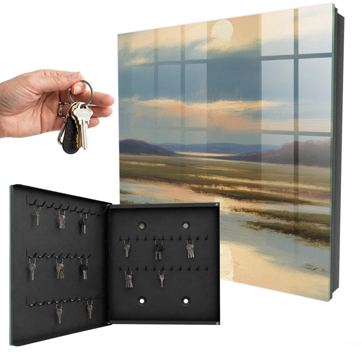 WallMuralia - Sleutelkast - 30x30x5 cm - met 50 haken - Landschap Van Vrede Groot Sleutelkastje - Beige Sleutelbox - Linksopenend - Zwart interieur
