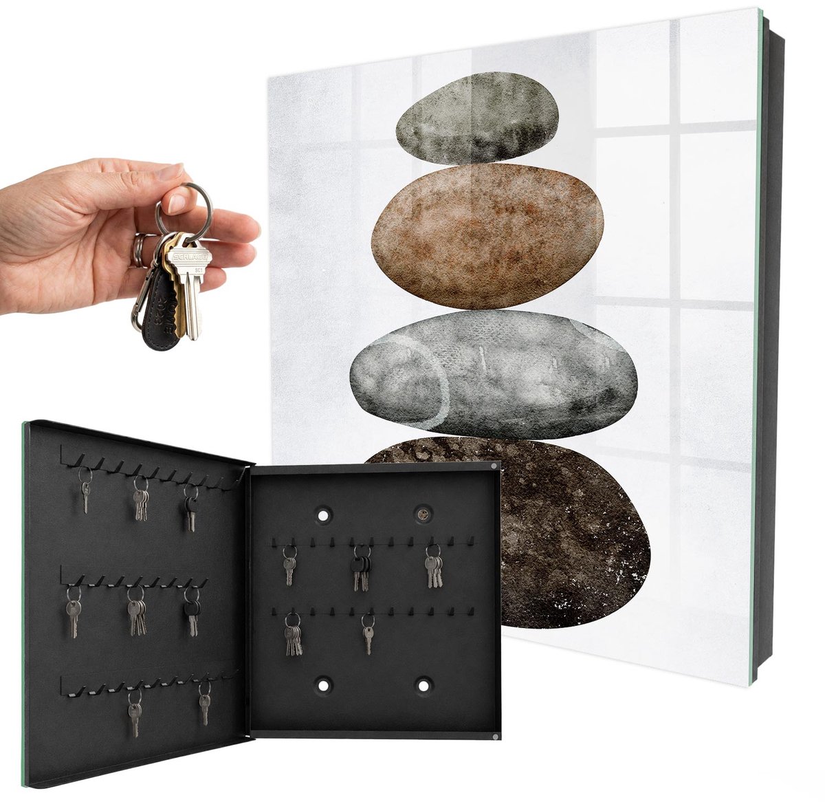 WallMuralia - Sleutelkast - 30x30x5 cm - met 50 haken - Set Stenen Sleutelkastje Modern - Bruin Sleutelbox - Linksopenend - Zwart interieur