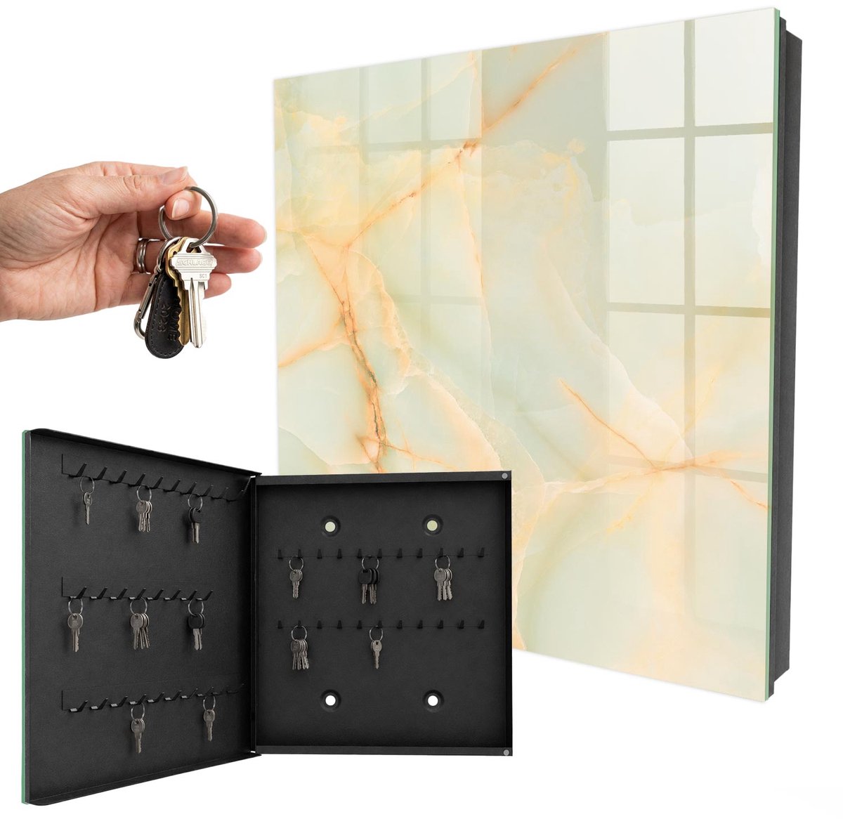 WallMuralia - Sleutelkast - 30x30x5 cm - met 50 haken - Pastel Patroon Sleutelkastje Klein - Beige Sleutelbox - Linksopenend - Zwart interieur