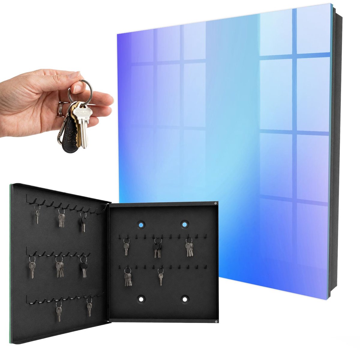 WallMuralia - Sleutelkast - 30x30x5 cm - met 50 haken - Rustige Helling Sleutelkastje Modern - Blauw Sleutelbox - Linksopenend - Zwart interieur