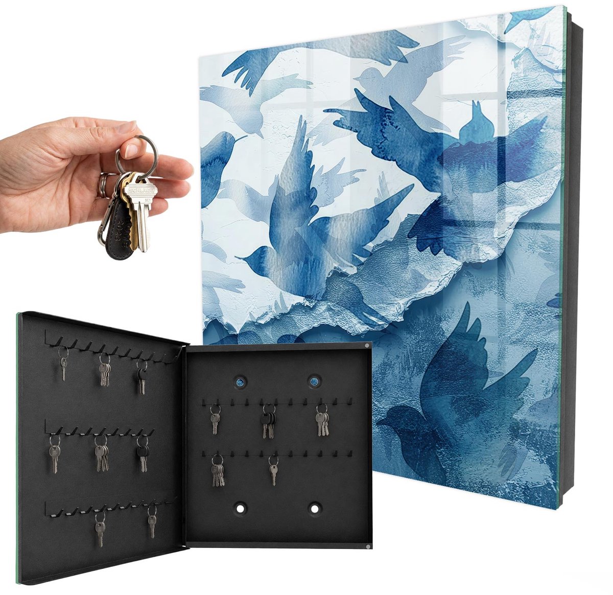 WallMuralia - Sleutelkast - 30x30x5 cm - met 50 haken - Aquarel Vogels Design Sleutelkastje - Blauw Sleutelbox - Linksopenend - Zwart interieur