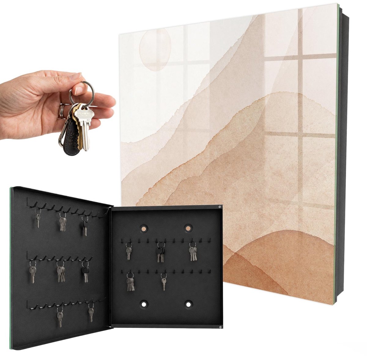 WallMuralia - Sleutelkast - 30x30x5 cm - met 50 haken - Beige Landschappen Sleutelkastje Modern - Beige Sleutelbox - Linksopenend - Zwart interieur
