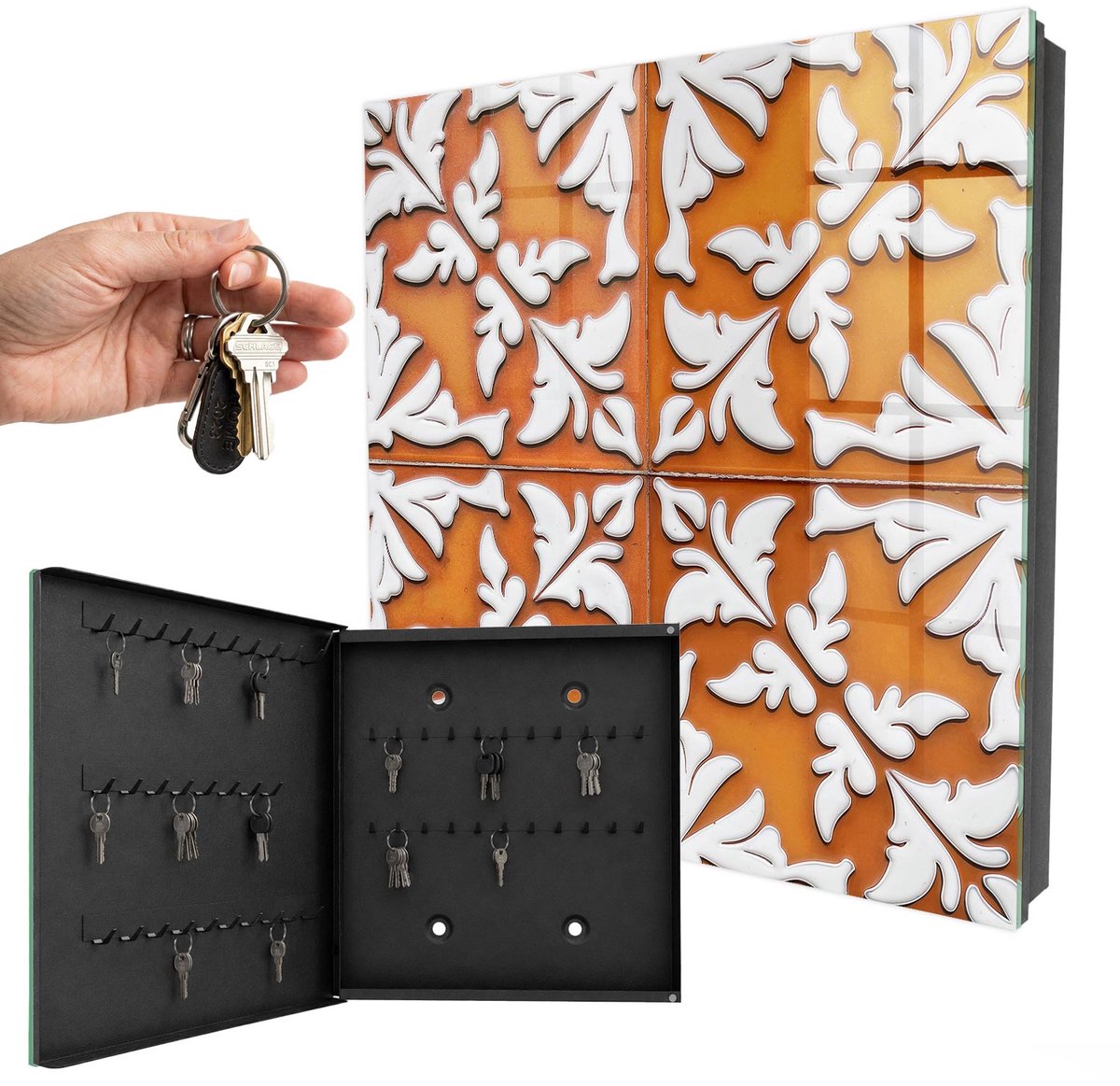 WallMuralia - Sleutelkast - 30x30x5 cm - met 50 haken - Plantmotief Sleutelkastje Voor Binnen - Oranje Sleutelbox - Linksopenend - Zwart interieur