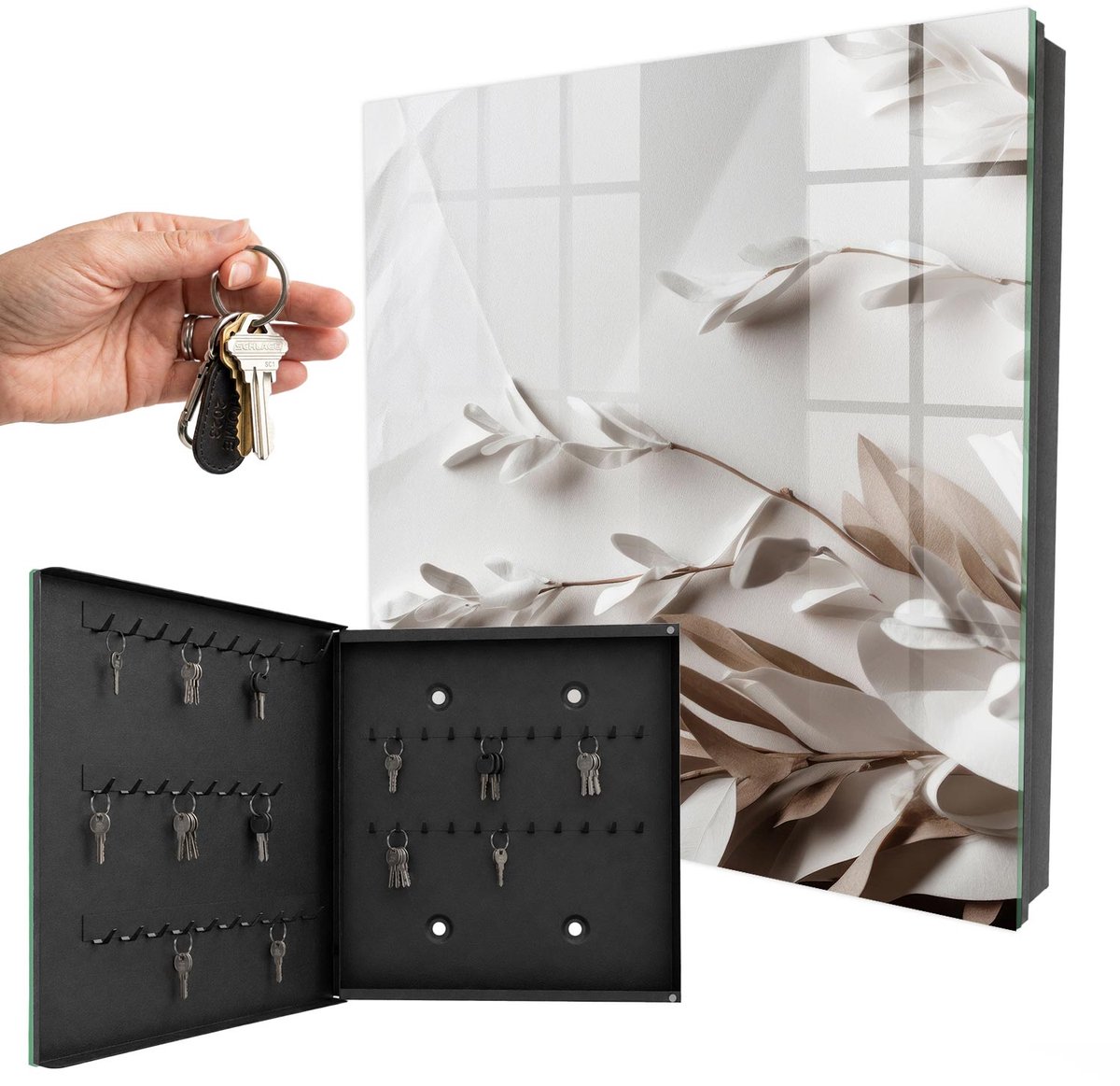WallMuralia - Sleutelkast - 30x30x5 cm - met 50 haken - Bladeren Van Elegantie Sleutelkastje Landelijk - Wit Sleutelbox - Linksopenend - Zwart interieur
