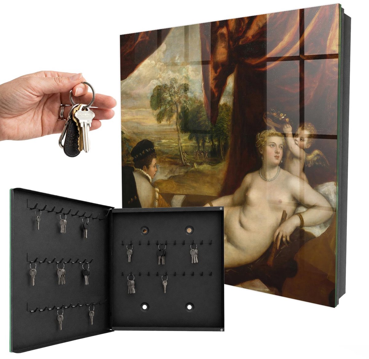 WallMuralia - Sleutelkast - 30x30x5 cm - met 50 haken - Titiaan Venus En De Luitspeler Leuk Sleutelkastje - Bruin Sleutelbox - Linksopenend - Zwart interieur