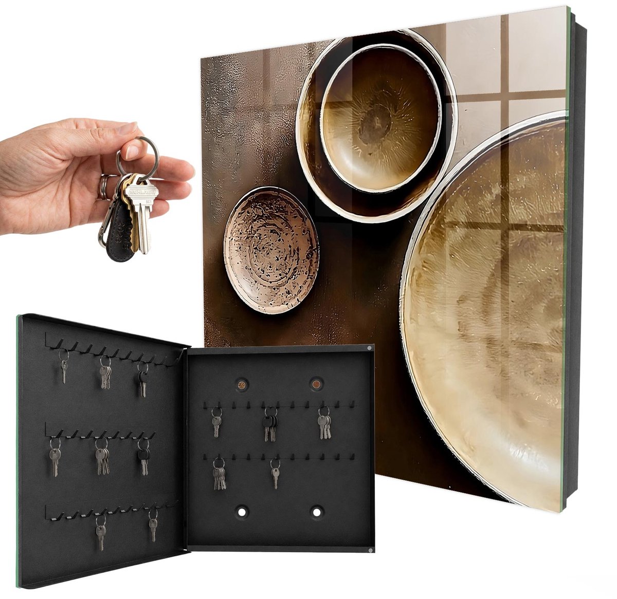 WallMuralia - Sleutelkast - 30x30x5 cm - met 50 haken - Bruine Set Sleutelkastje Voor Binnen - Bruin Sleutelbox - Linksopenend - Zwart interieur
