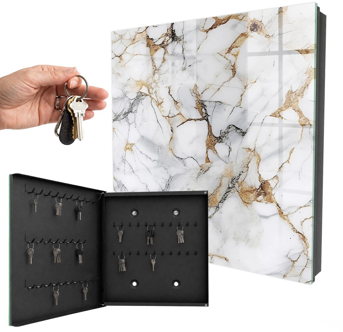 WallMuralia - Sleutelkast - 30x30x5 cm - met 50 haken - Marmeren Elegantie Sleutelkastje Landelijk - Wit Sleutelbox - Linksopenend - Zwart interieur