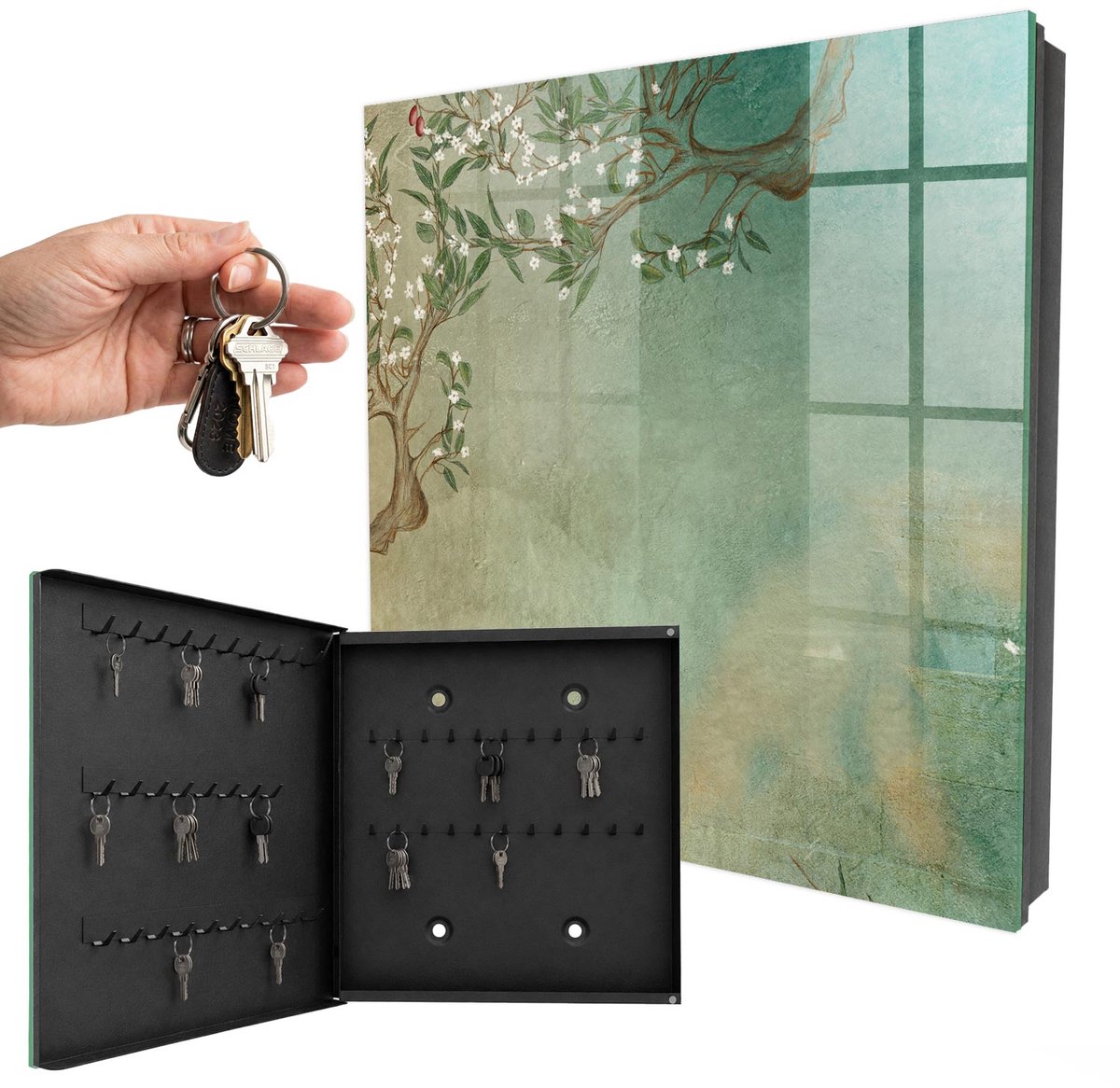 WallMuralia - Sleutelkast - 30x30x5 cm - met 50 haken - Bloeiende Boom Leuk Sleutelkastje - Turkoois Sleutelbox - Linksopenend - Zwart interieur