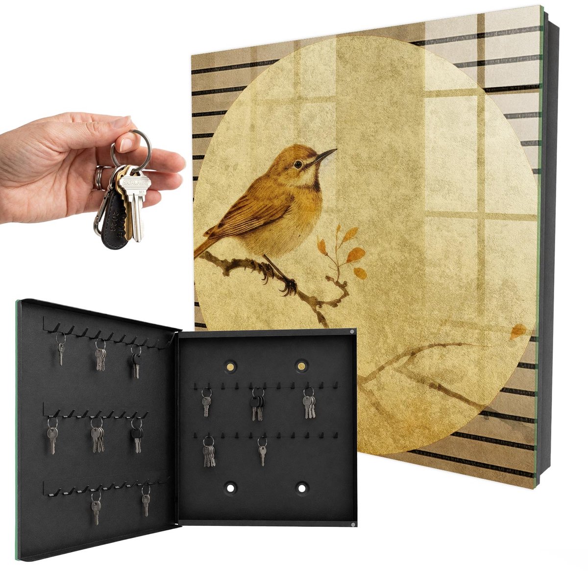 WallMuralia - Sleutelkast - 30x30x5 cm - met 50 haken - Crème Vogel Sleutelkastje - Romig Sleutelbox - Linksopenend - Zwart interieur