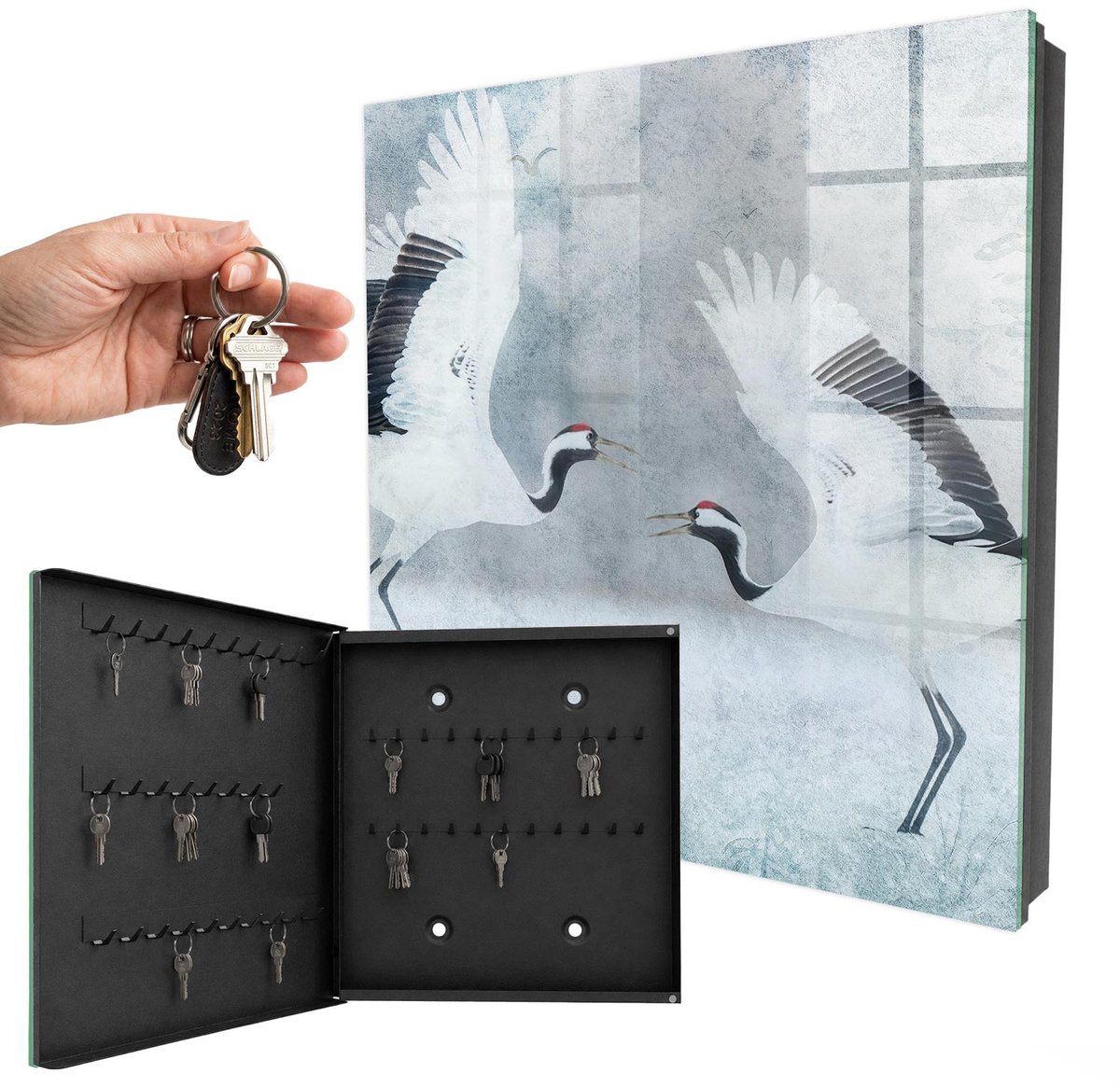 WallMuralia - Sleutelkast - 30x30x5 cm - met 50 haken - Kraanvogels In Vlucht Sleutelkastje Modern - Wit Sleutelbox - Linksopenend - Zwart interieur