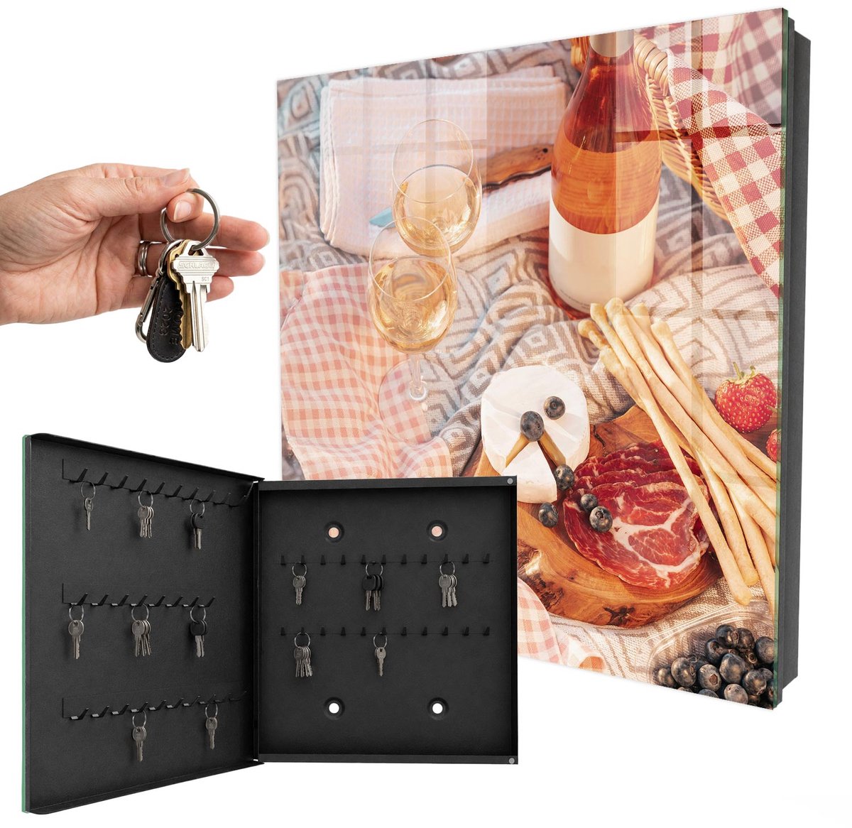 WallMuralia - Sleutelkast - 30x30x5 cm - met 50 haken - Picknickkleed Sleutelkastje Hal - Beige Sleutelbox - Linksopenend - Zwart interieur