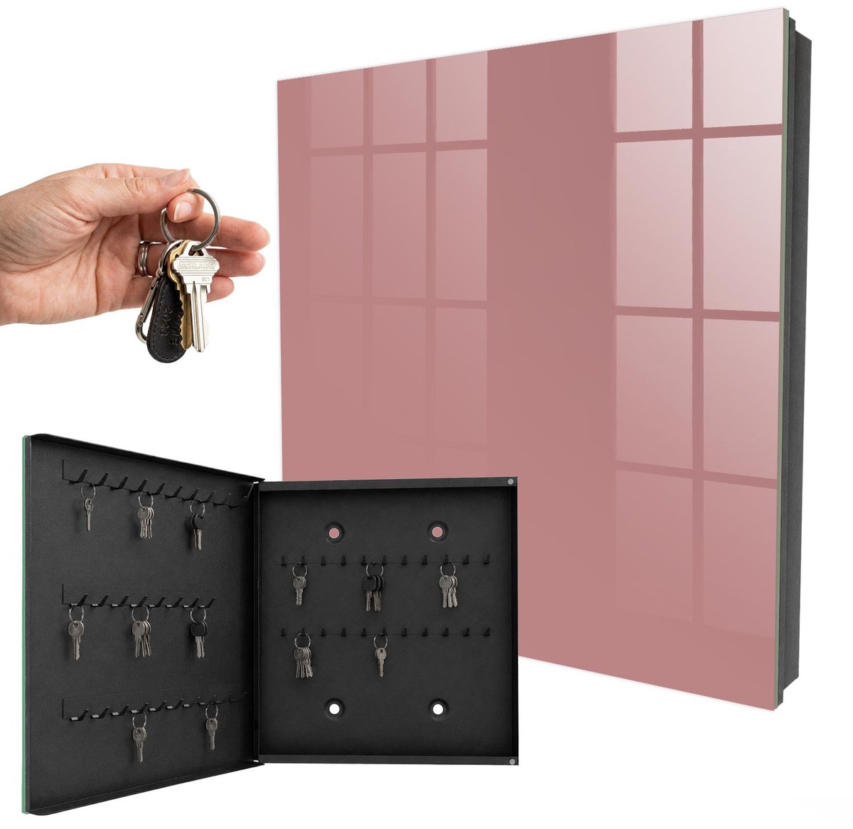 WallMuralia - Sleutelkast - 30x30x5 cm - met 50 haken - Levendig Bordeauxrood Sleutelkastje - Bordeaux Sleutelbox - Linksopenend - Zwart interieur
