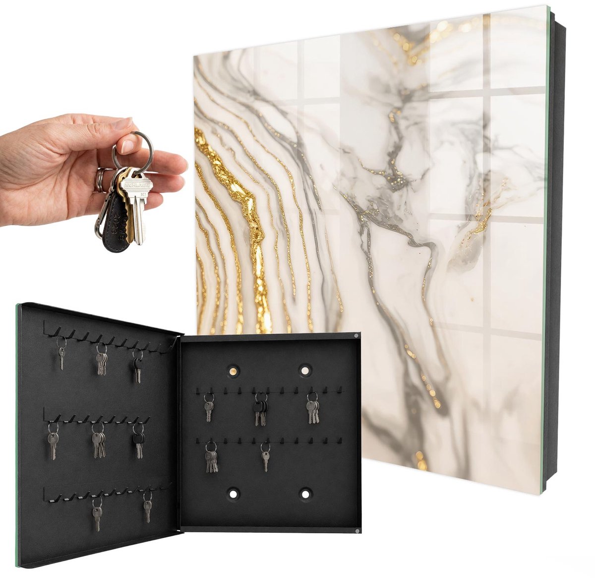 WallMuralia - Sleutelkast - 30x30x5 cm - met 50 haken - Marmeraders Sleutelkastje Modern - Wit Sleutelbox - Linksopenend - Zwart interieur