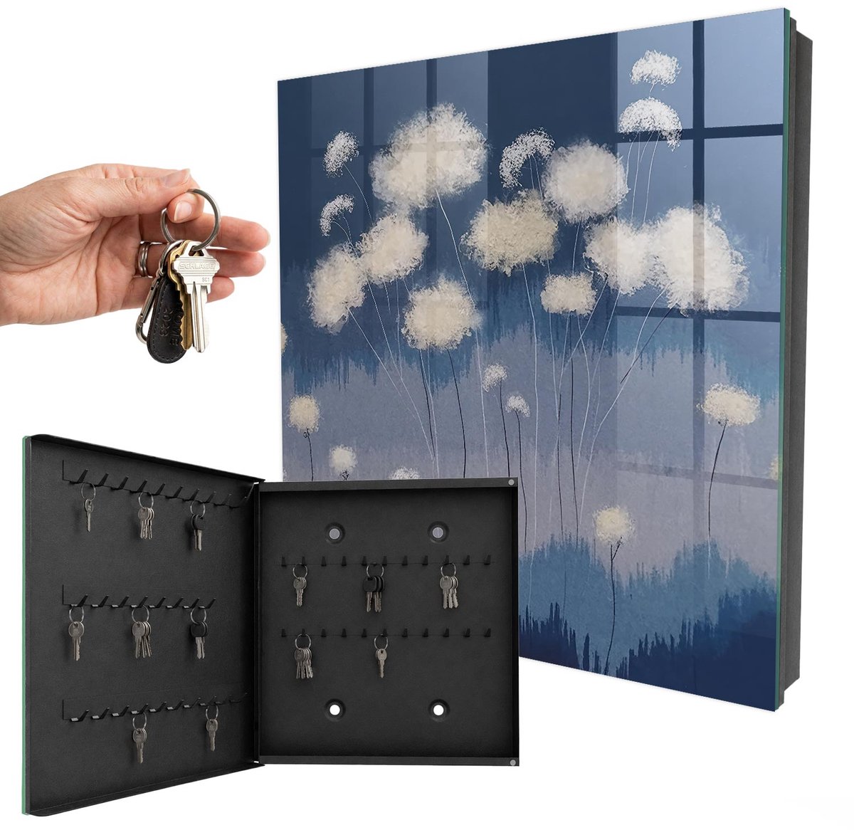 WallMuralia - Sleutelkast - 30x30x5 cm - met 50 haken - Paardenbloemen Sleutelkastje Muur - Blauw Sleutelbox - Linksopenend - Zwart interieur
