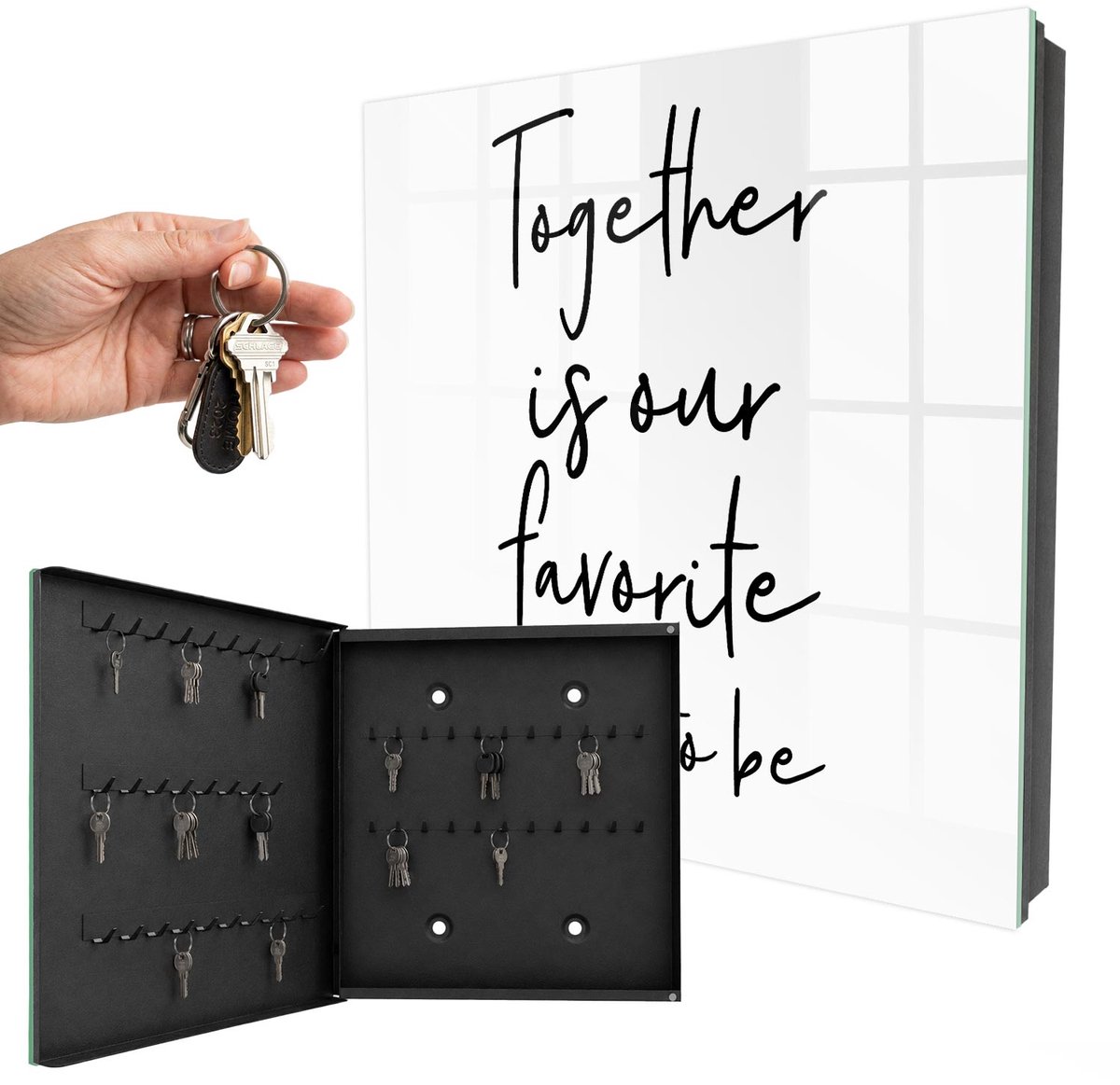 WallMuralia - Sleutelkast - 30x30x5 cm - met 50 haken - Samen Zijn Is Onze Favoriete Plek. Leuk Sleutelkastje - Zwart-Wit Sleutelbox - Linksopenend - Zwart interieur