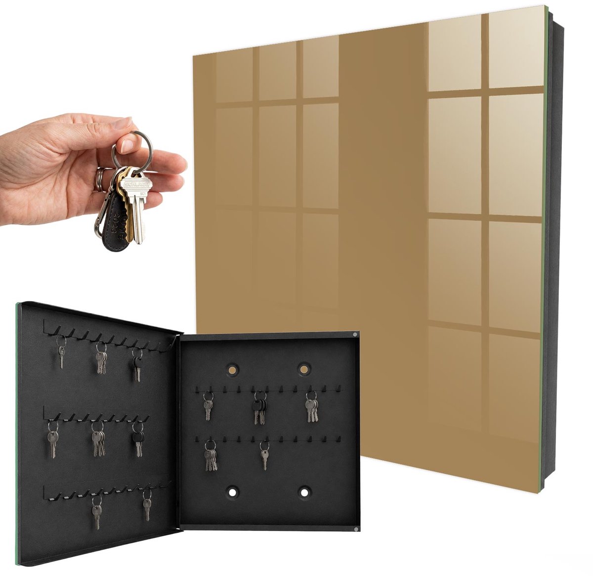 WallMuralia - Sleutelkast - 30x30x5 cm - met 50 haken - Bruine Kleur Sleutelkastje Huis - Bruin Sleutelbox - Linksopenend - Zwart interieur