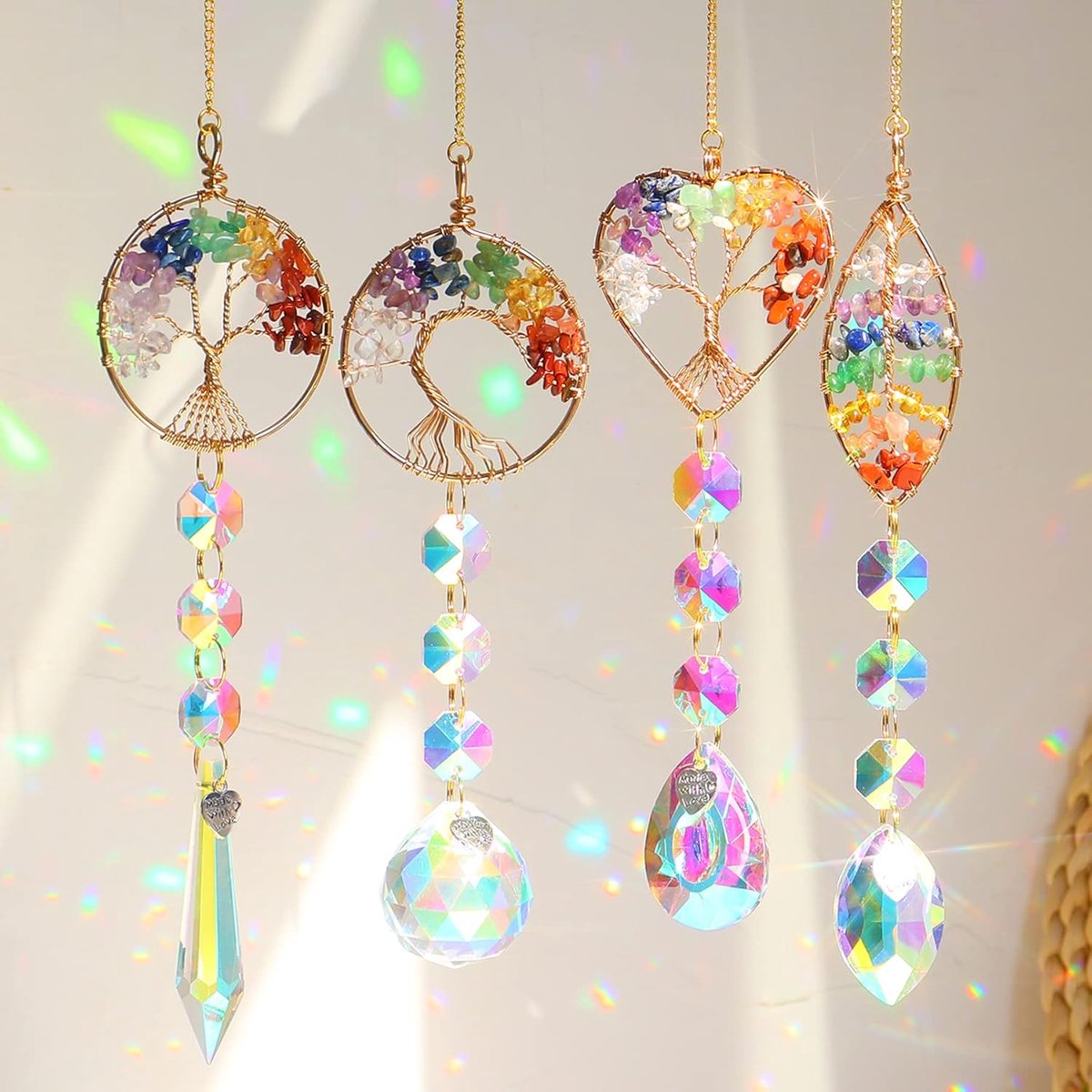 Zonnevanger, kristallen raam, 4 stuks, levensboom, kristallen hanger, decoratie, raamdecoratie, hangend, regenboogkristallen, hanger, thuis, tuindecoratie