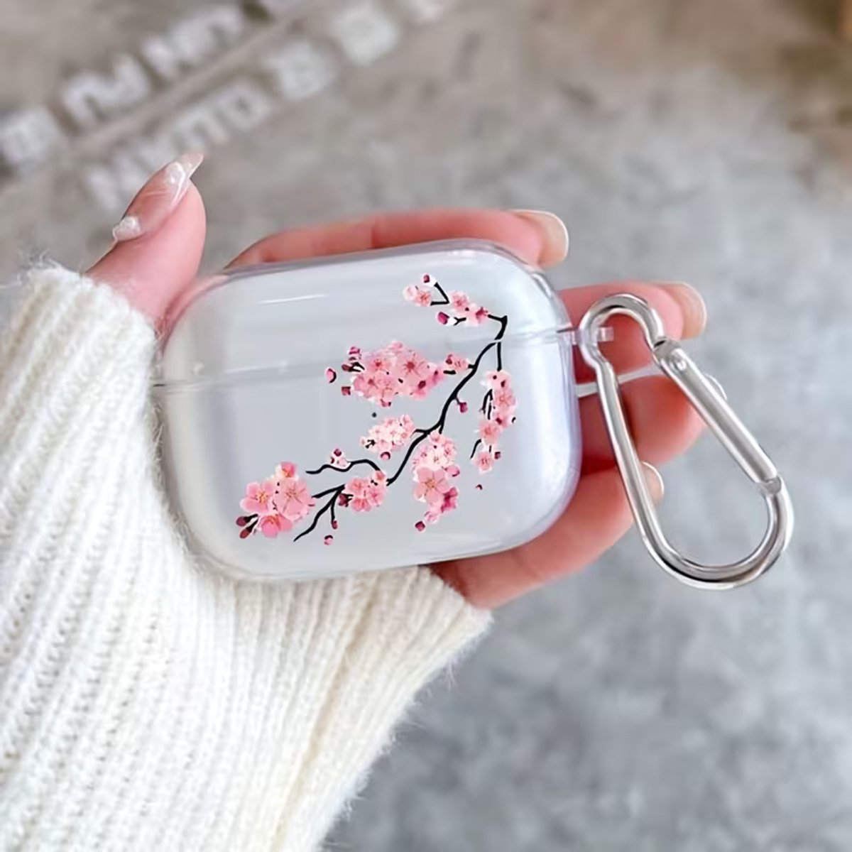 Enluxe Case geschikt voor Airpods 4 - Kersenbloesem Tak - Transparant Hoesje met Karabijnhaak, Schokbestendig