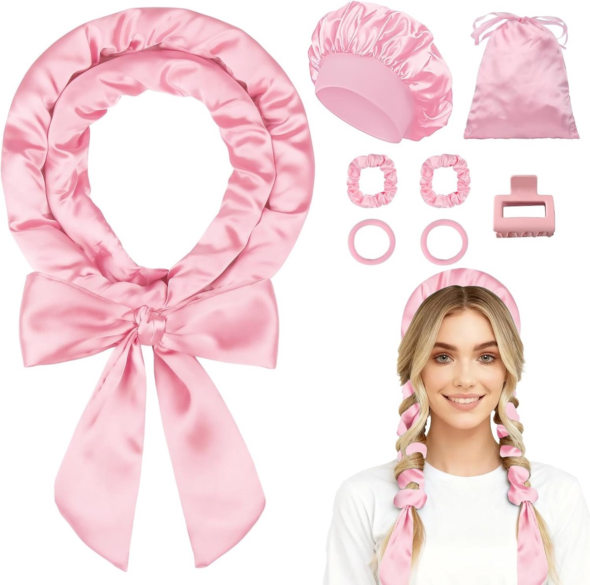 Krulspelden 's nachts krullen zonder hitte voor lang haar, overnight curls krulband 's nachts, krulspelden zonder hitte set met bonnet - 8 stuks, roze