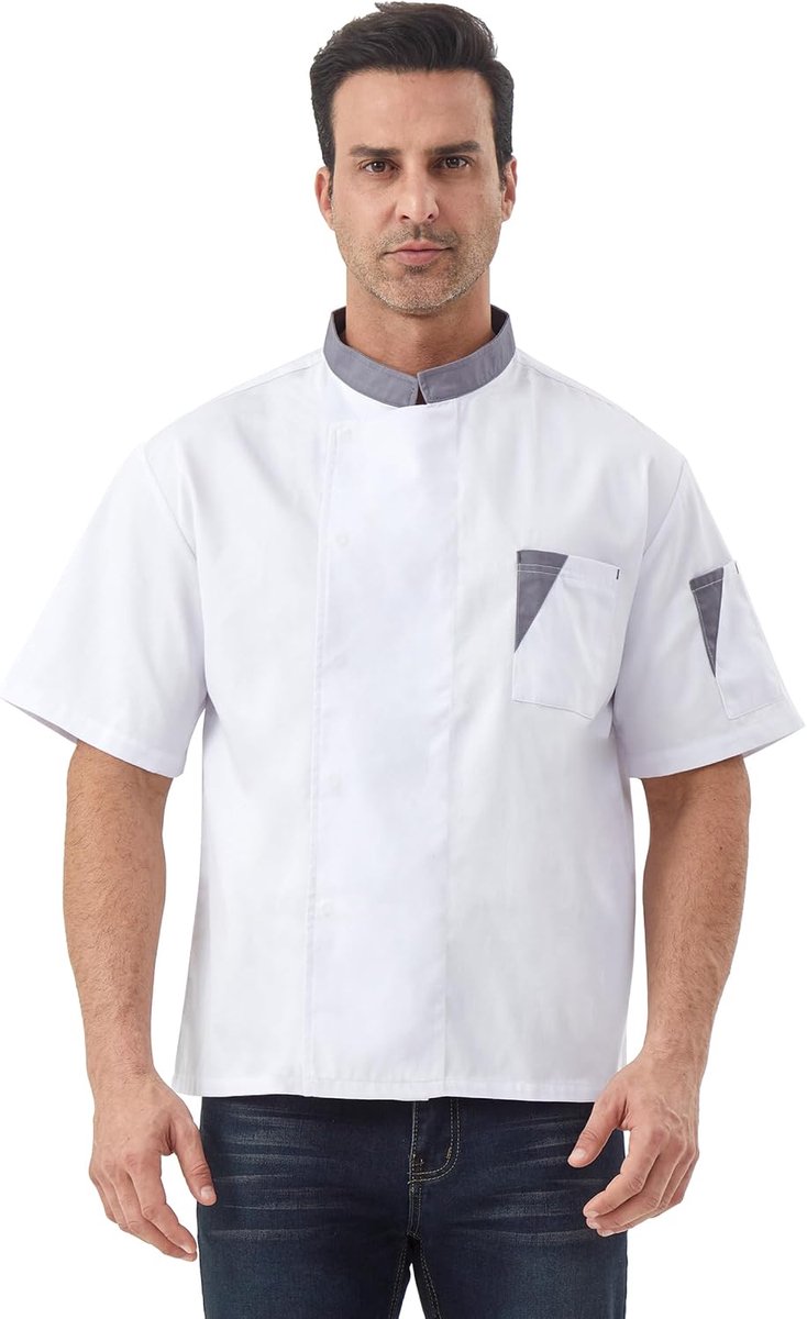 heren koksjas korte mouw/lange mouw bakkersjas slim fit koksuniform met drukknopen