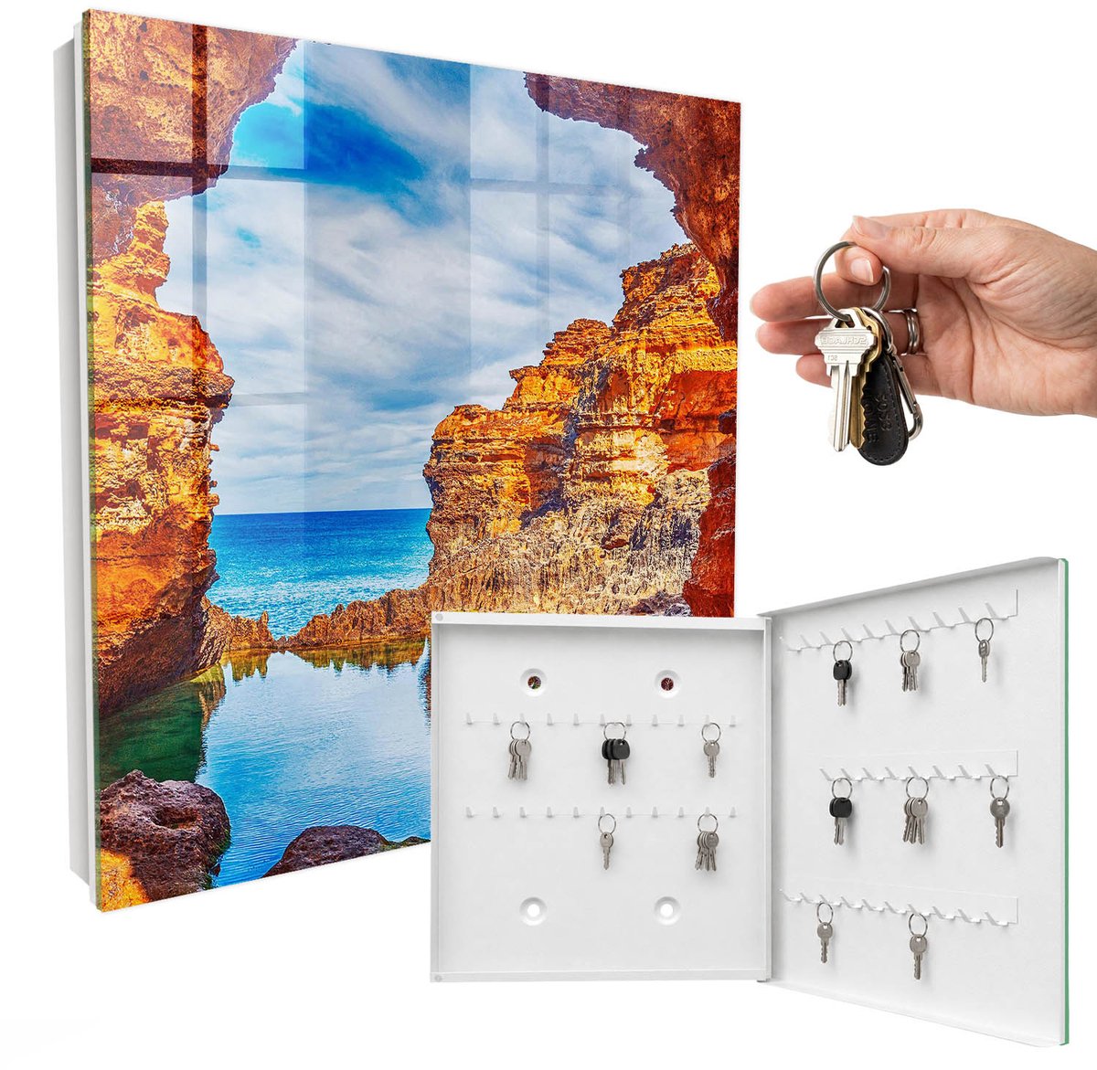 WallMuralia - Sleutelkast - 30x30x5 cm - met 50 haken - Zonnige Kust Design Sleutelkastje - Oranje Sleutelbox - Rechtsopenend - Wit interieur