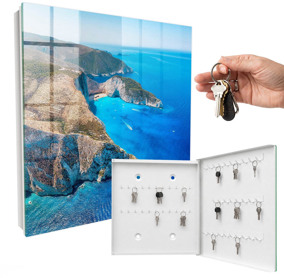 WallMuralia - Sleutelkast - 30x30x5 cm - met 50 haken - Franse Rivièra Design Sleutelkastje - Blauw Sleutelbox - Rechtsopenend - Wit interieur