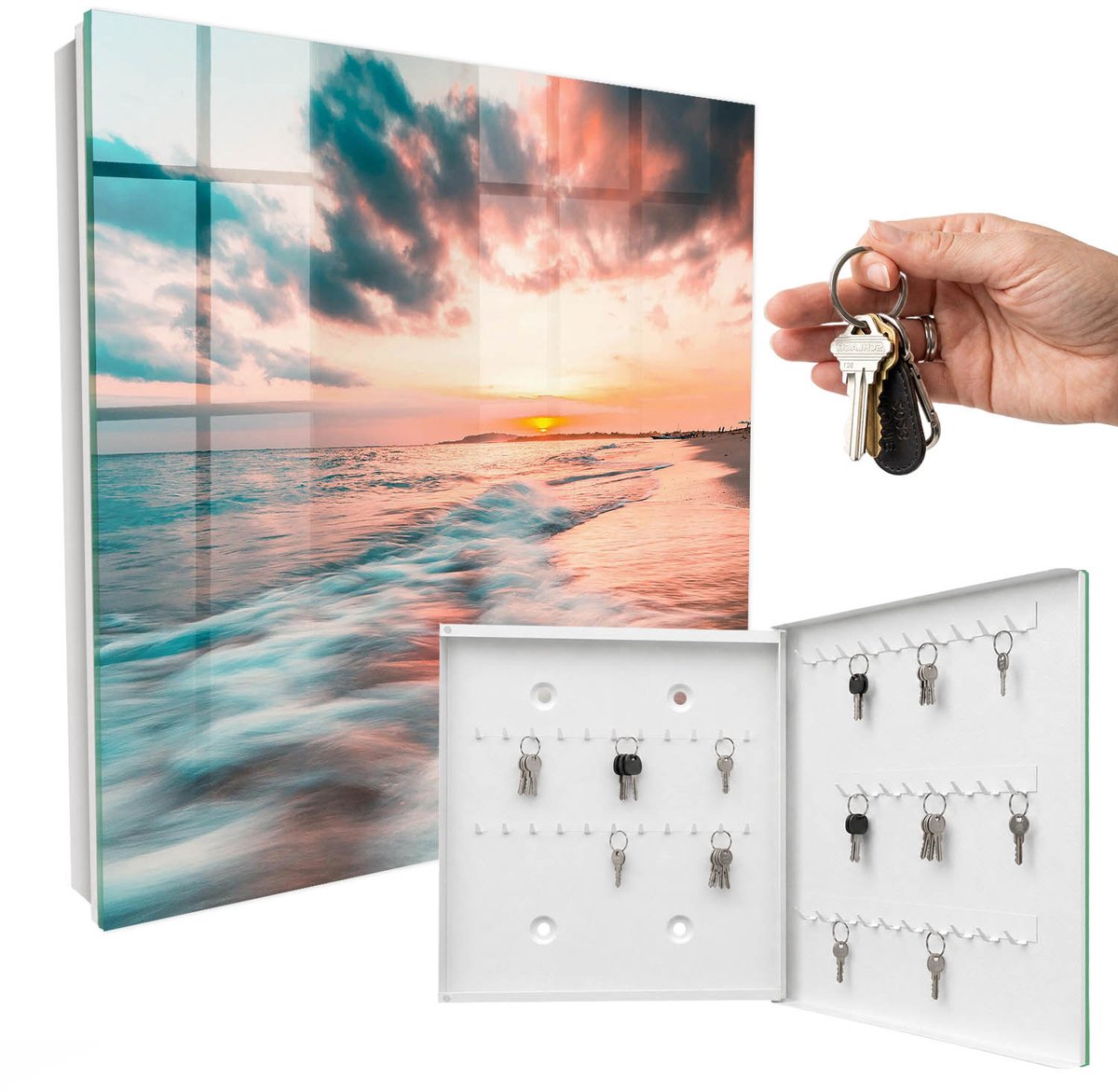 WallMuralia - Sleutelkast - 30x30x5 cm - met 50 haken - Zonsondergang Sleutelkastje Binnen - Oranje Sleutelbox - Rechtsopenend - Wit interieur