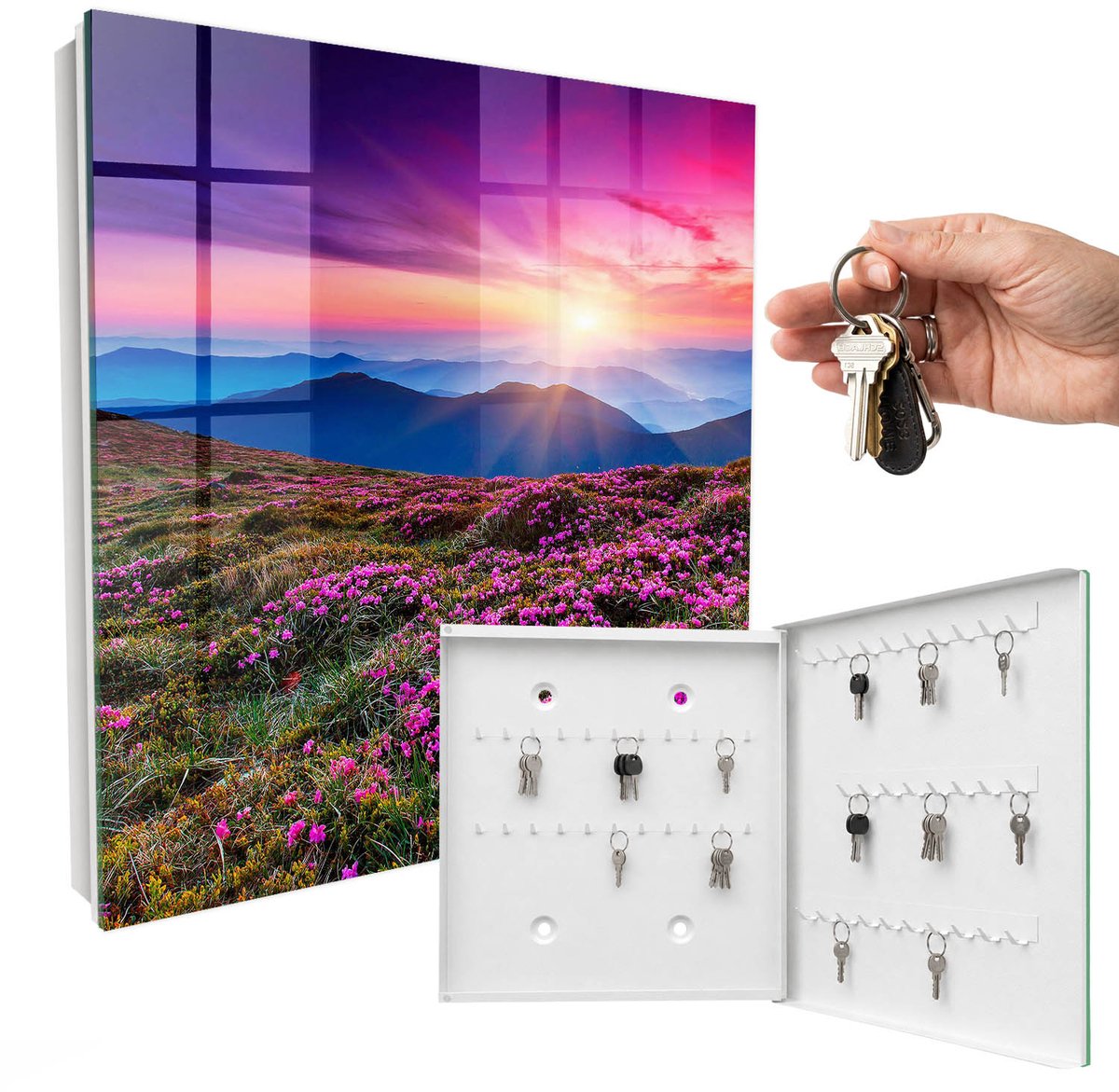 WallMuralia - Sleutelkast - 30x30x5 cm - met 50 haken - Bergochtend Design Sleutelkastje - Roze Sleutelbox - Rechtsopenend - Wit interieur