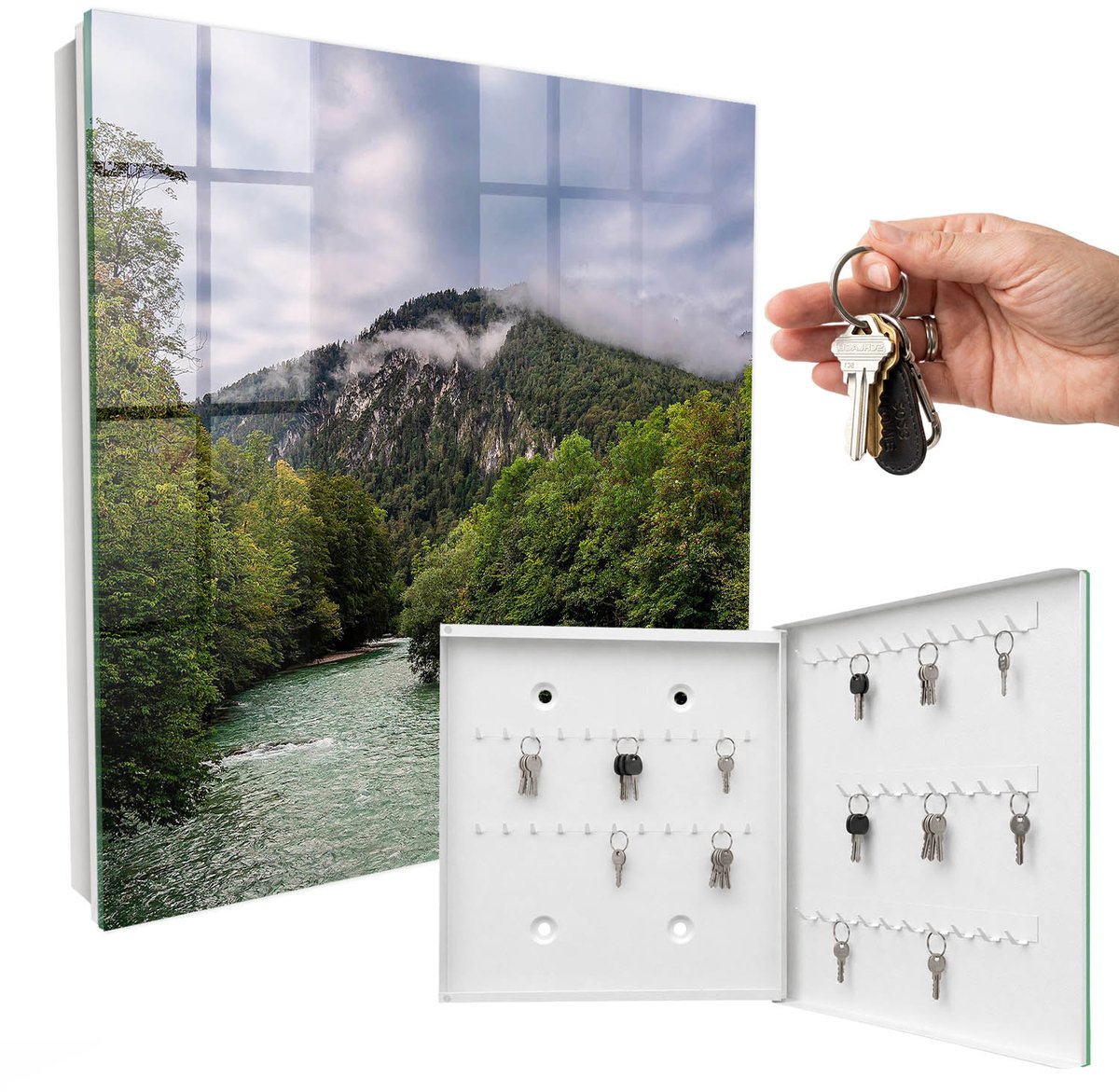 WallMuralia - Sleutelkast - 30x30x5 cm - met 50 haken - Berglandschap Sleutelkastje Modern - Groente Sleutelbox - Rechtsopenend - Wit interieur