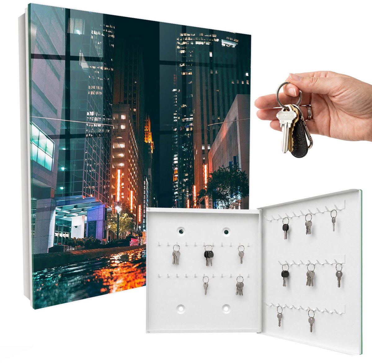 WallMuralia - Sleutelkast - 30x30x5 cm - met 50 haken - Stadsleven Sleutelkastje Landelijk - Zwart Sleutelbox - Rechtsopenend - Wit interieur