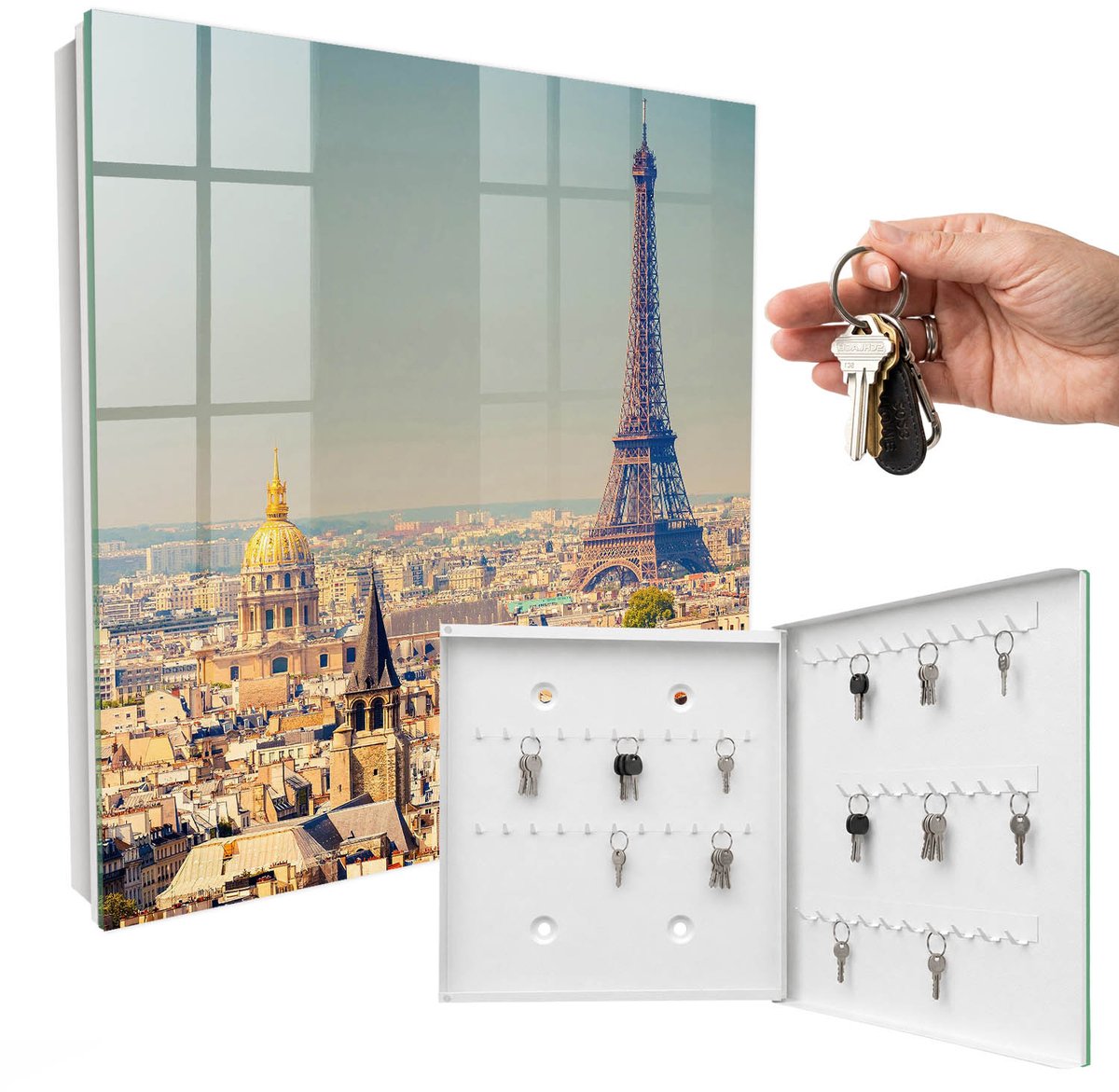 WallMuralia - Sleutelkast - 30x30x5 cm - met 50 haken - Stedelijk Landschap Sleutelkastje - Beige Sleutelbox - Rechtsopenend - Wit interieur