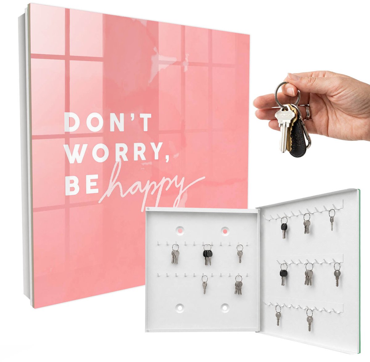 WallMuralia - Sleutelkast - 30x30x5 cm - met 50 haken - Positieve Inspiratie Groot Sleutelkastje - Roze Sleutelbox - Rechtsopenend - Wit interieur