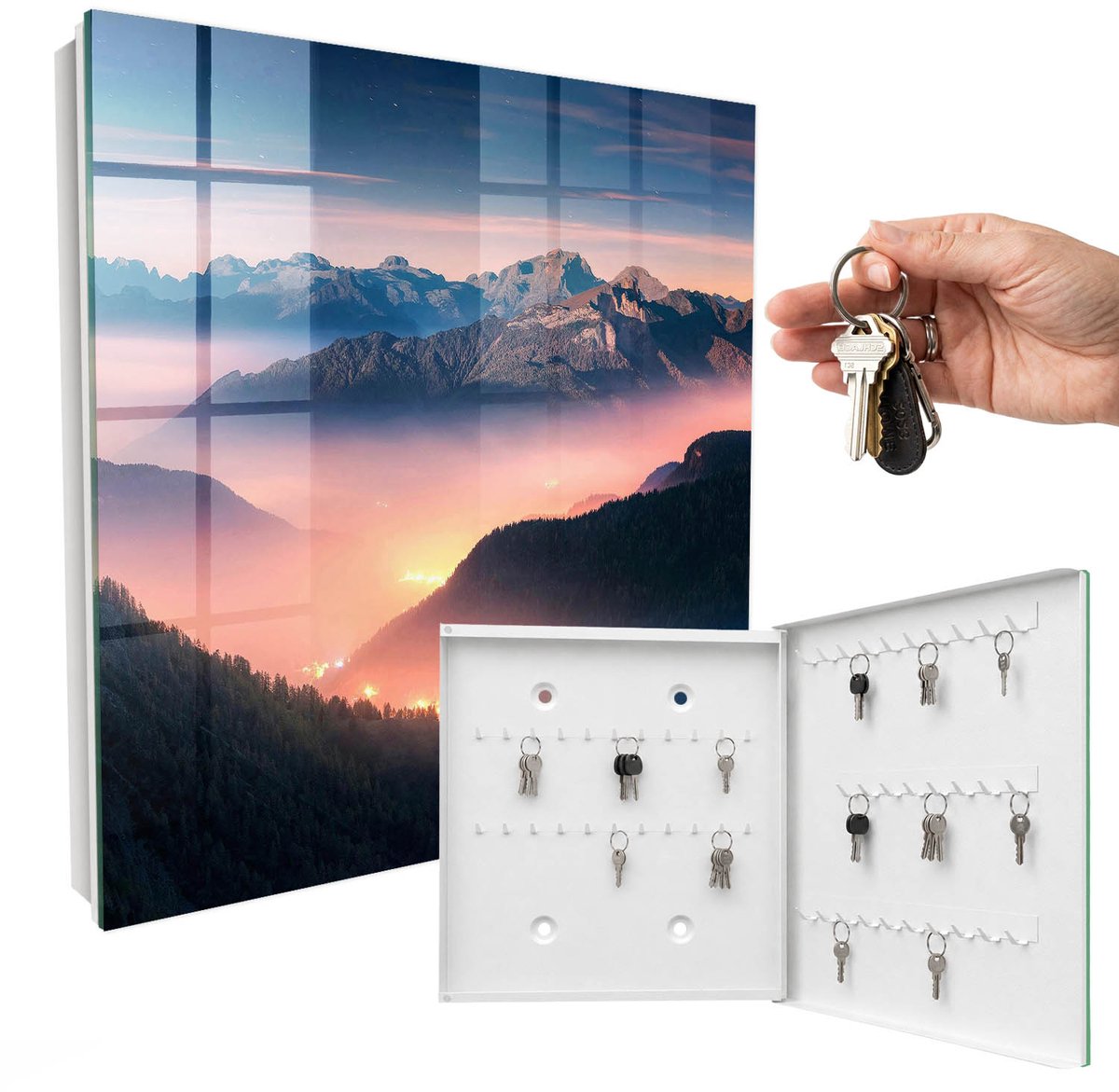 WallMuralia - Sleutelkast - 30x30x5 cm - met 50 haken - Bergpanorama Sleutelkastje Binnen - Marine Sleutelbox - Rechtsopenend - Wit interieur