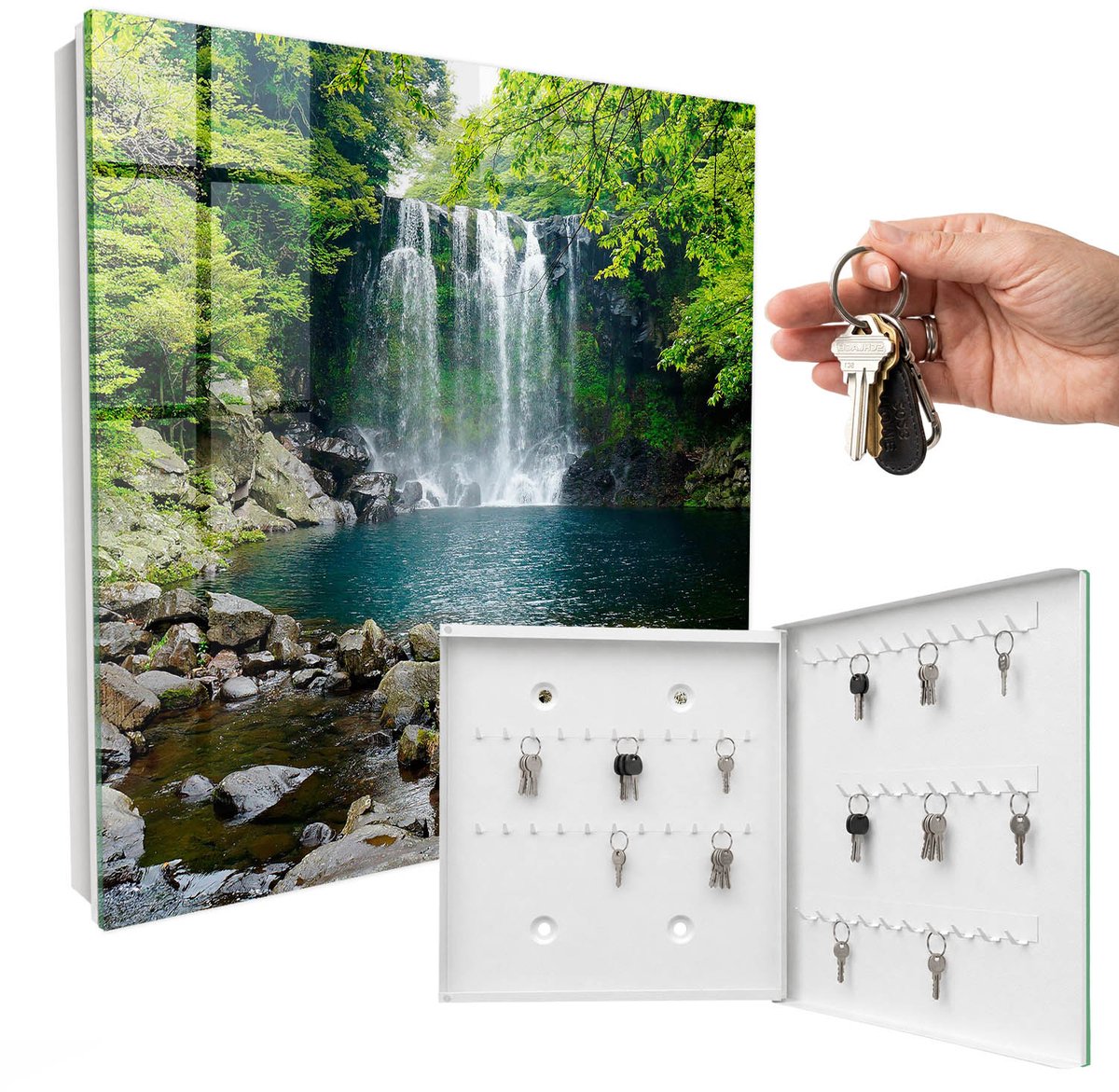 WallMuralia - Sleutelkast - 30x30x5 cm - met 50 haken - Natuurlijke Waterval Sleutelkastje Binnen - Groente Sleutelbox - Rechtsopenend - Wit interieur