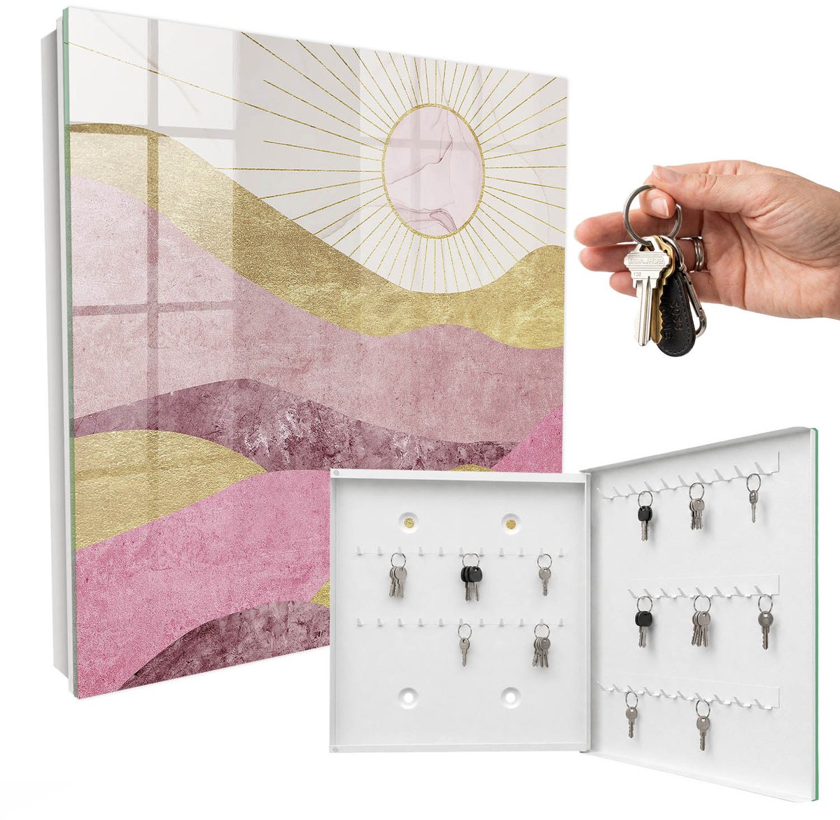 WallMuralia - Sleutelkast - 30x30x5 cm - met 50 haken - Golven, Zonnestralen Sleutelkastje Muur - Geel Sleutelbox - Rechtsopenend - Wit interieur